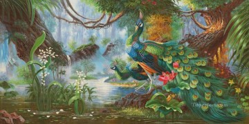 Animal Painting - Pavos reales en flor Bosque Flores Árboles pájaros